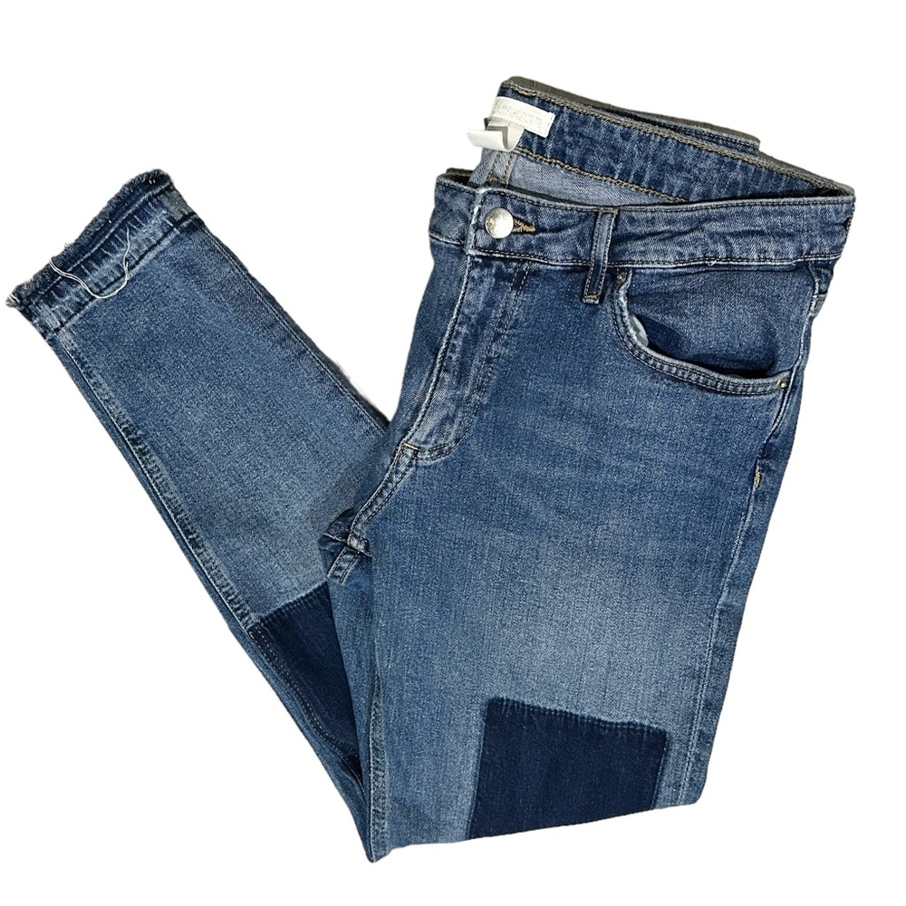 H&M Conscicous Slim‎ Leg Patchwork Stretch Raw Hem Jeans Medium Wash Dark Patch